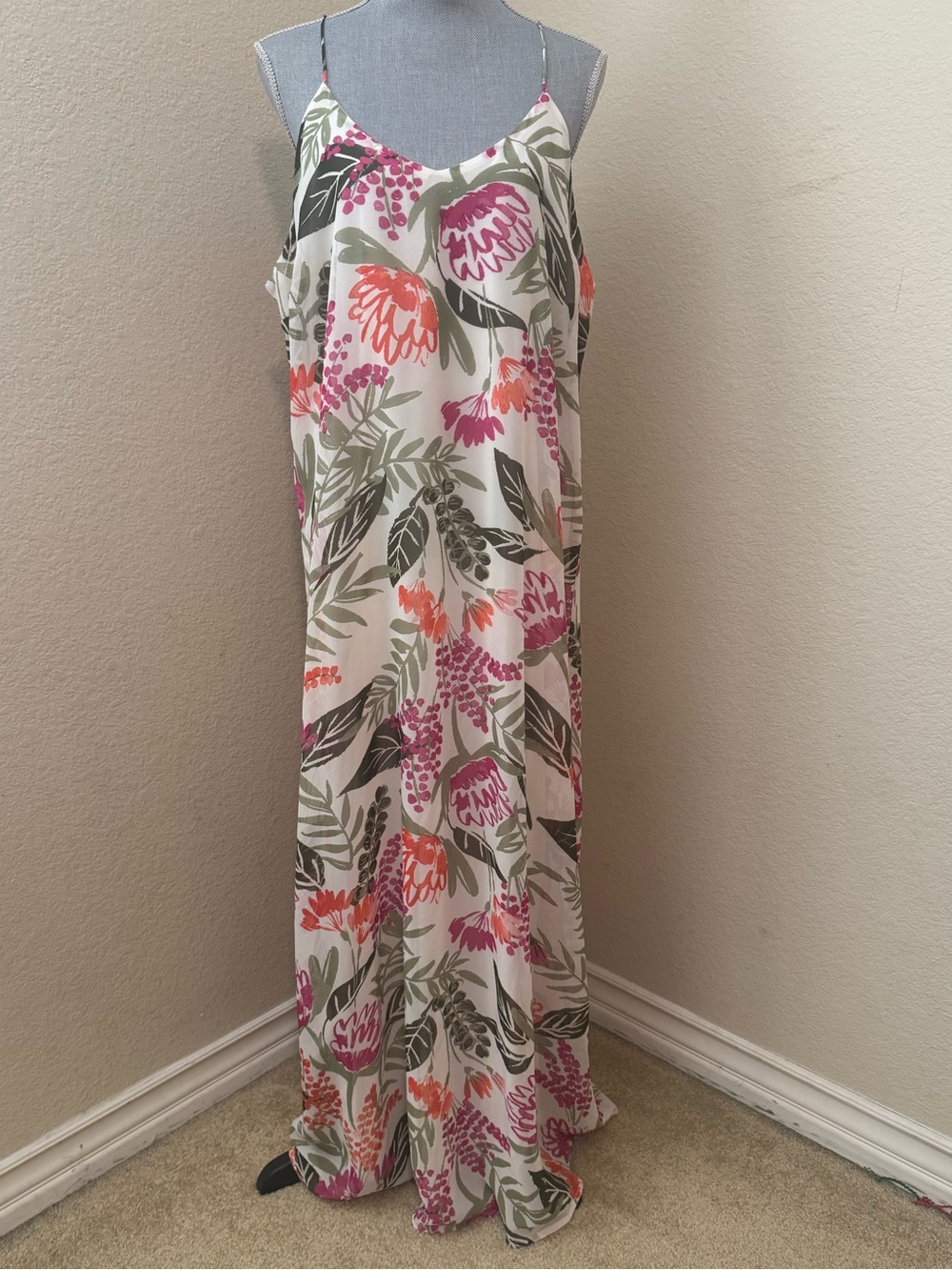 Floral Maxi Dress in White with Pink & Coral Print